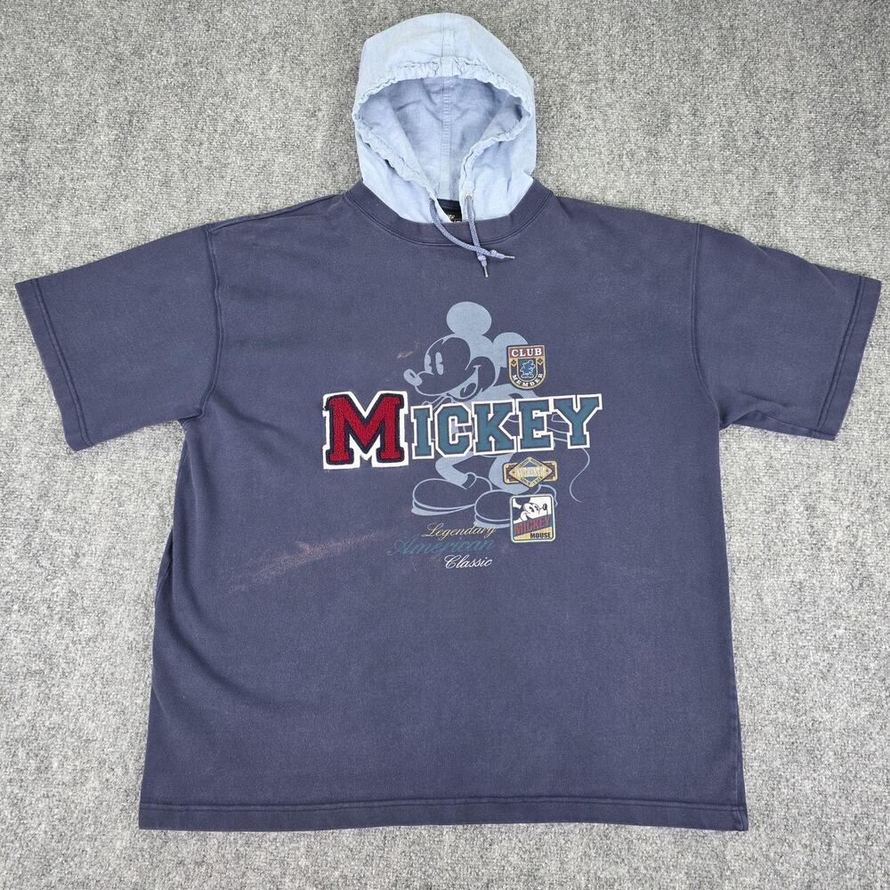 Vintage Disney Shirt Mens XL Blue Mickey Mouse Short Sleeve Hoodie Made USA 90s
